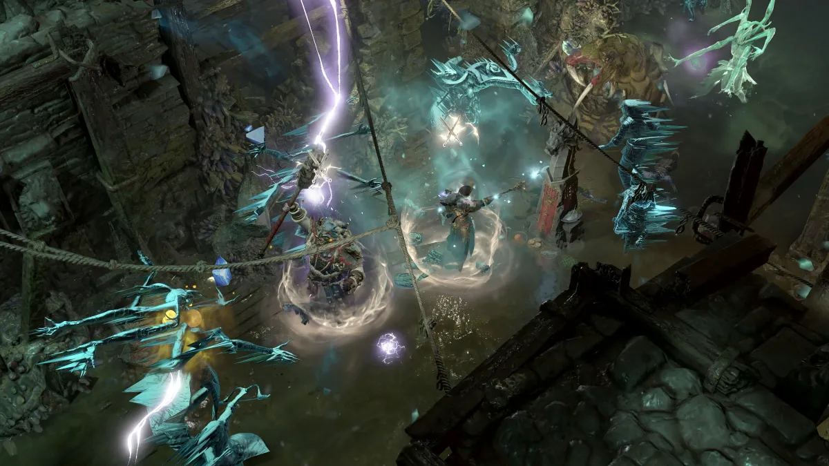 Diablo 4 characters use their abilities, causing lightning and a blue aura to surround them.