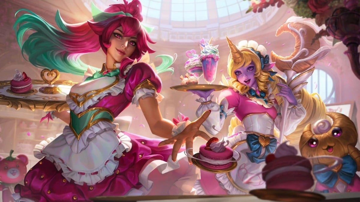 Soraka and Sivir in Cafe Cuties universe handing out pies.