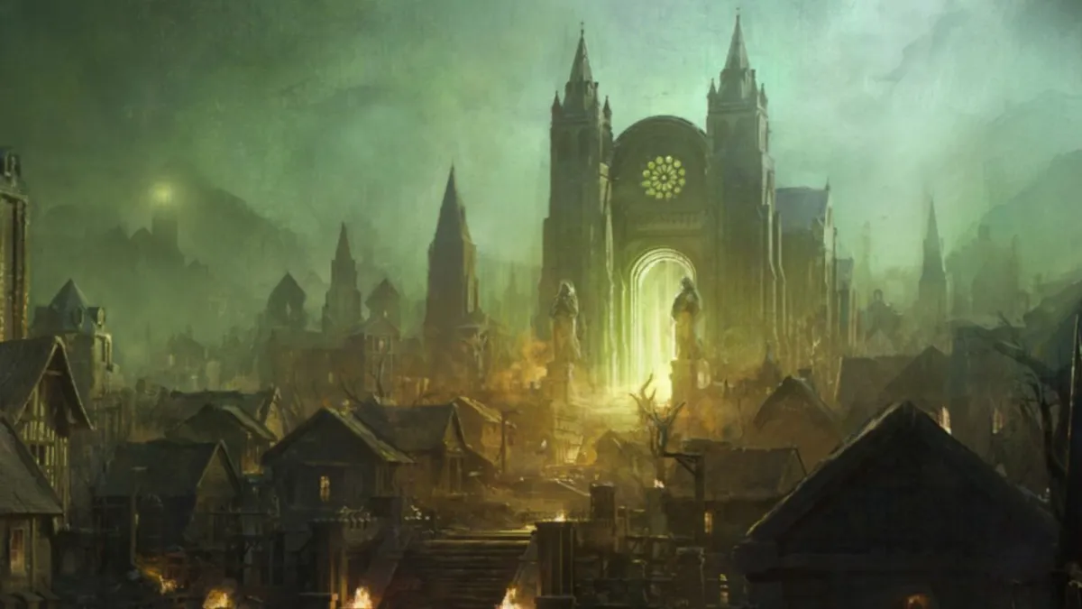 A screenshot of the Welryn loading screen in Last Epoch showing several buildings and a tall castle.