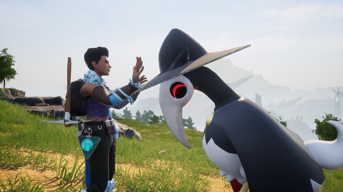 A player in Palworld petting a Cawgnito.